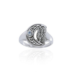 Owl with Celtic Crescent Moon Sterling Silver Ring TRI1542 | Ring | Wiccan Center