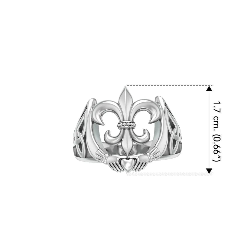 A powerful combination of Celtic elements ~ Fleur-de-Lis and Claddagh Sterling Silver Ring TRI172