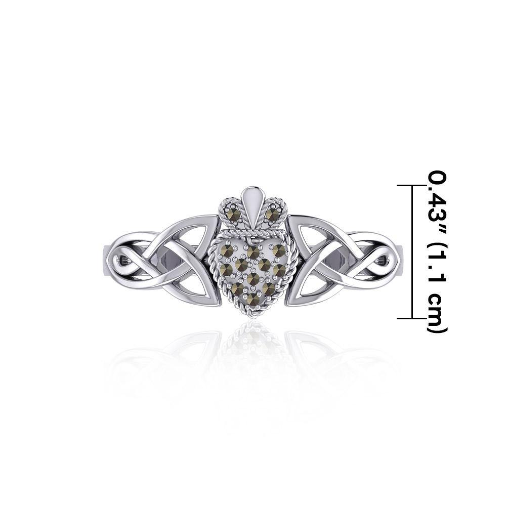Irish Claddagh and Celtic Knotwork Silver Ring with Marcasite TRI1904