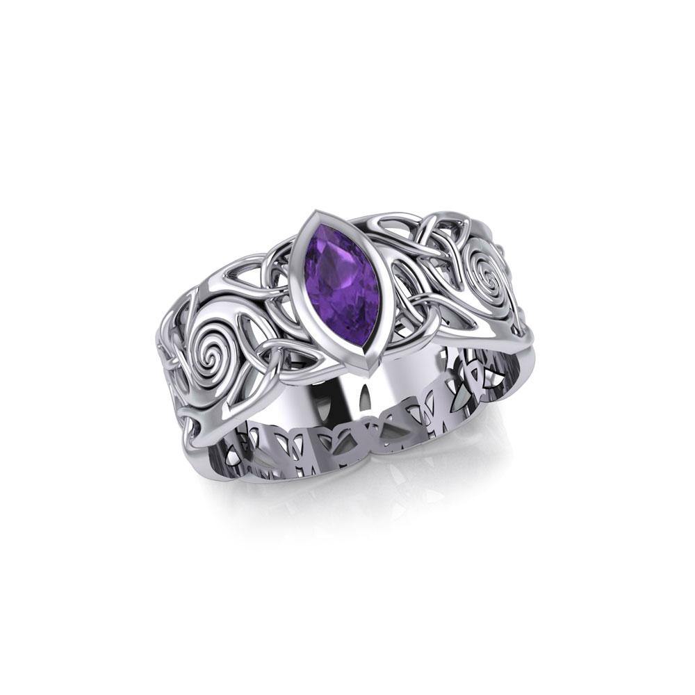 Celtic Spiral Sterling Silver Band Ring with Marquise Gemstone TRI1914