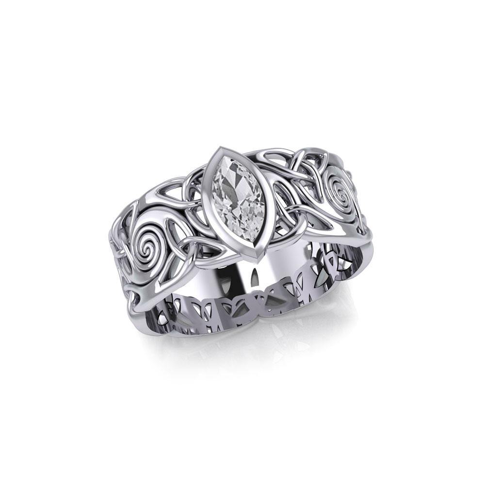 Celtic Spiral Sterling Silver Band Ring with Marquise Gemstone TRI1914