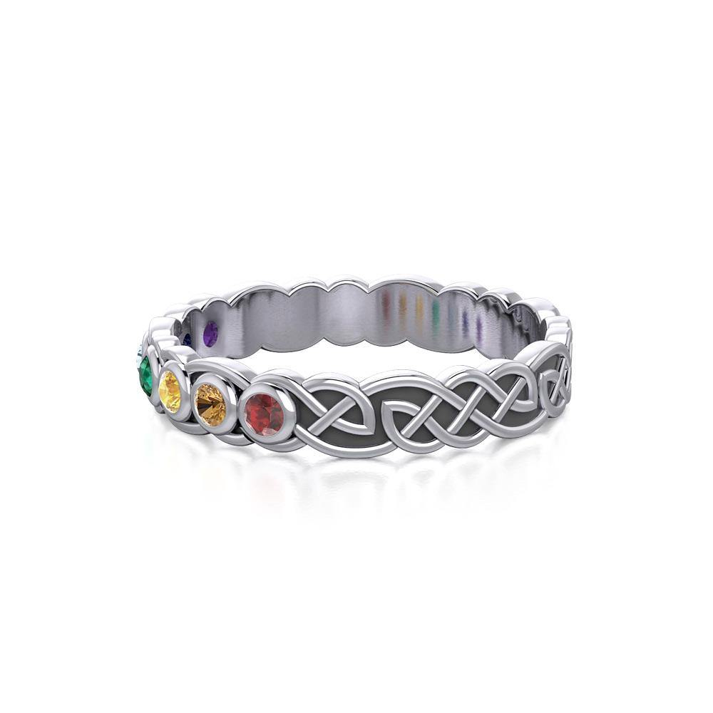Celtic Knot Sterling Silver Band Ring with Chakra Gemstones TRI1919