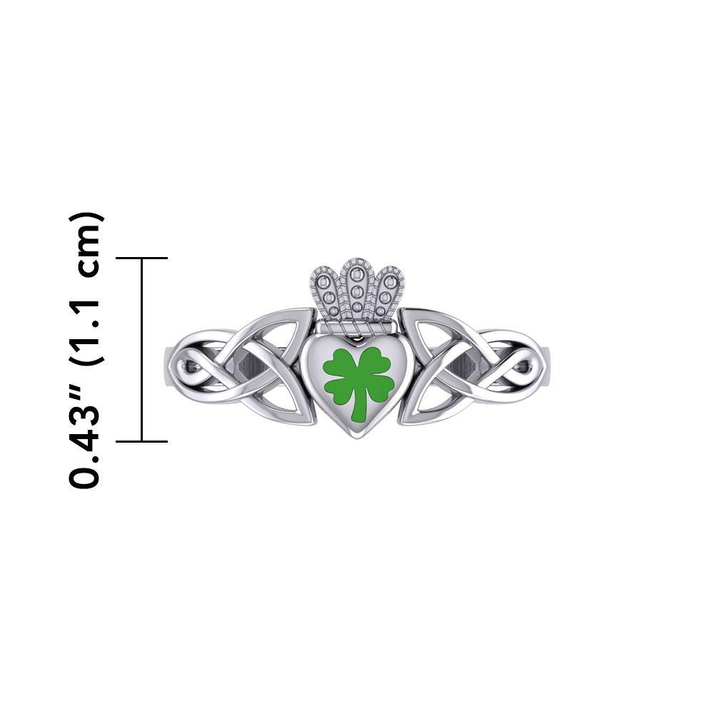 Celtic Claddagh with Lucky Four Leaf Clover Sterling Silver Ring with Enamel TRI1937