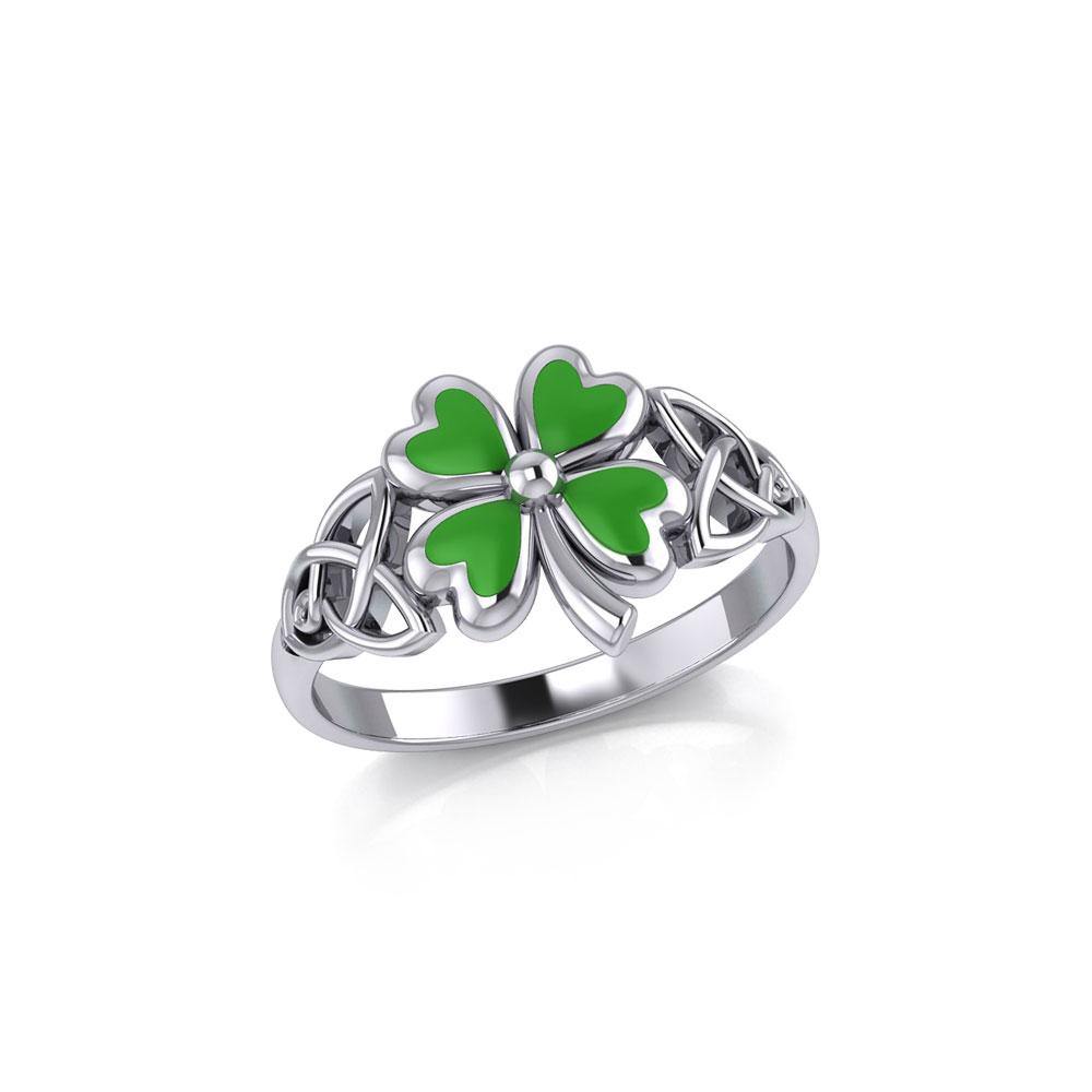 Celtic with Lucky Four Leaf Clover Sterling Silver Ring with Enamel TRI1938