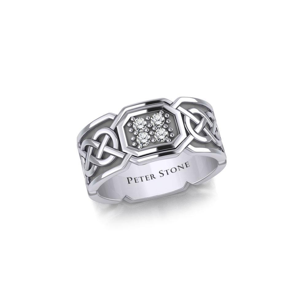 Celtic Knotwork Silver Band Ring with Gemstones TRI1947