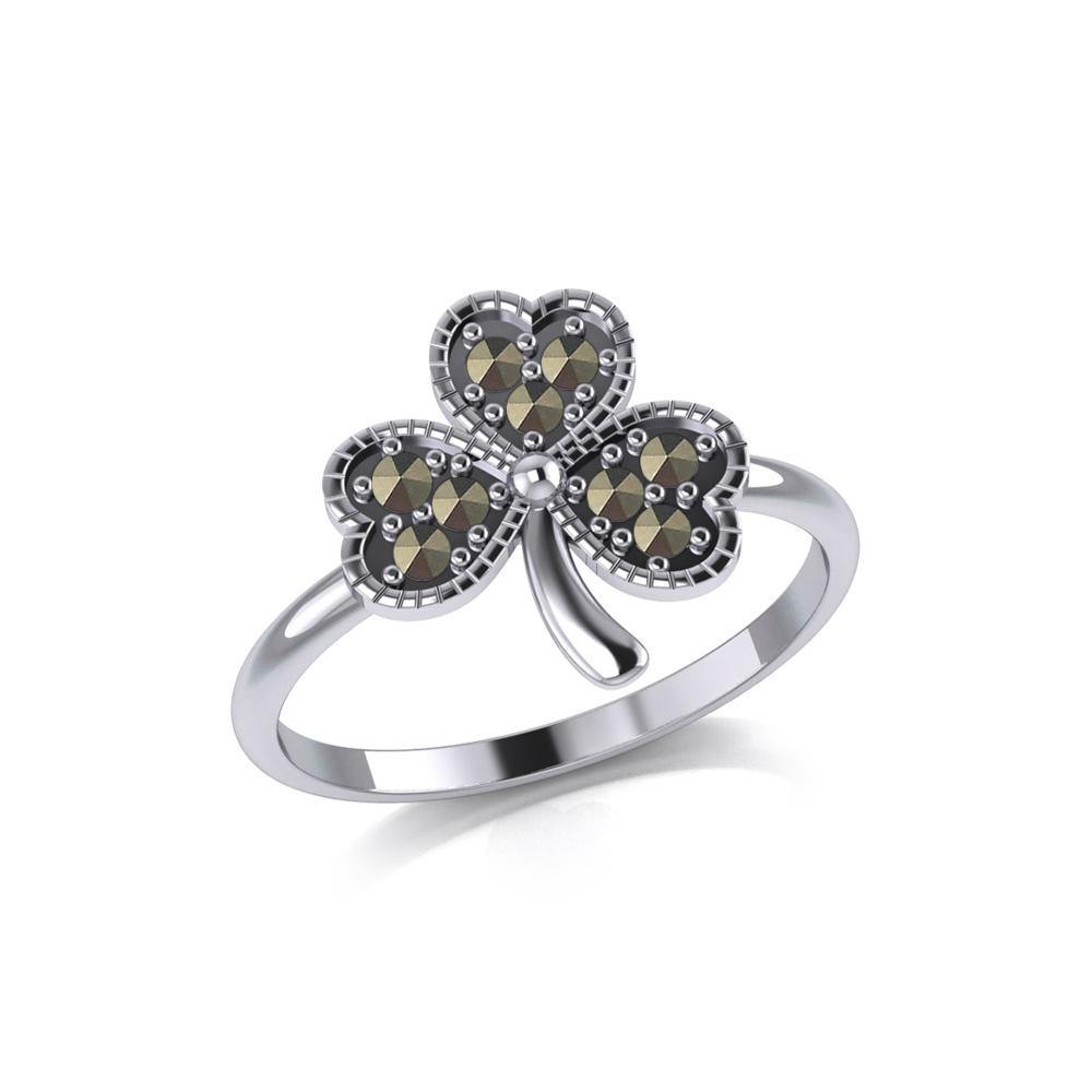 A young spring of luck and happiness Silver Celtic Shamrock Ring with Marcasite TRI2029