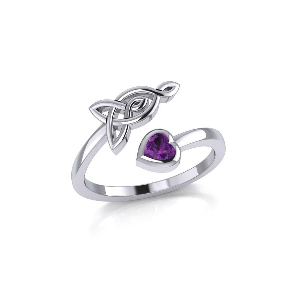 Celtic Motherhood Triquetra or Trinity Knot Sterling Silver Ring With Heart Gem TRI2264