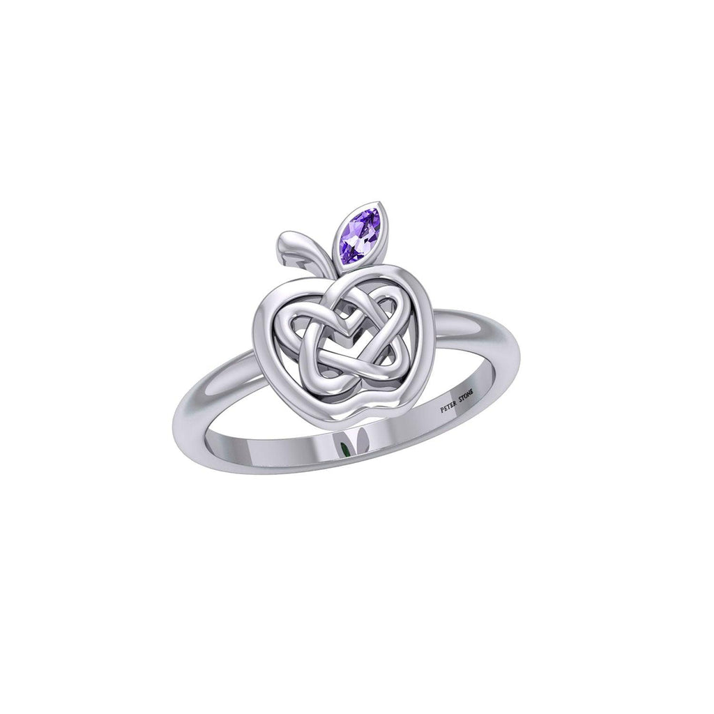 Celtic Spiritual Fruit Apple with Double Heart Sterling Silver Ring with Gemstone TRI2277