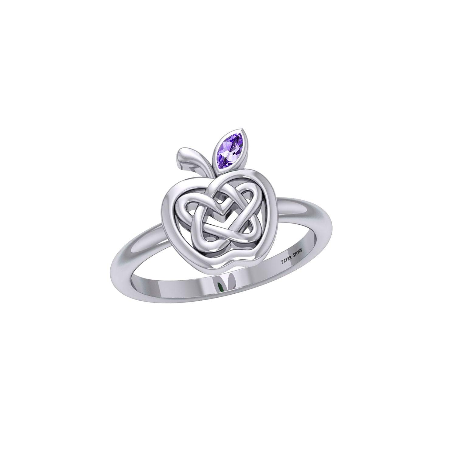 Celtic Spiritual Fruit Apple with Double Heart Sterling Silver Ring with Gemstone TRI2277