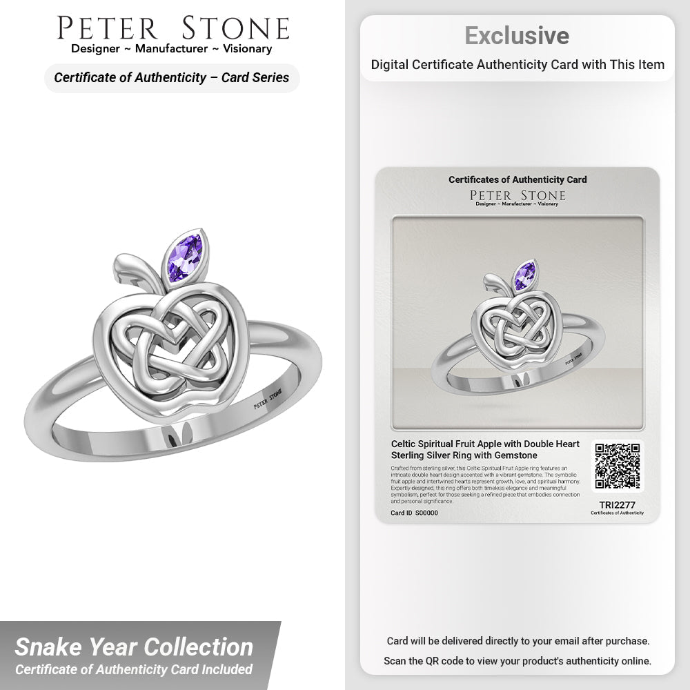 Celtic Spiritual Fruit Apple with Double Heart Sterling Silver Ring with Gemstone TRI2277