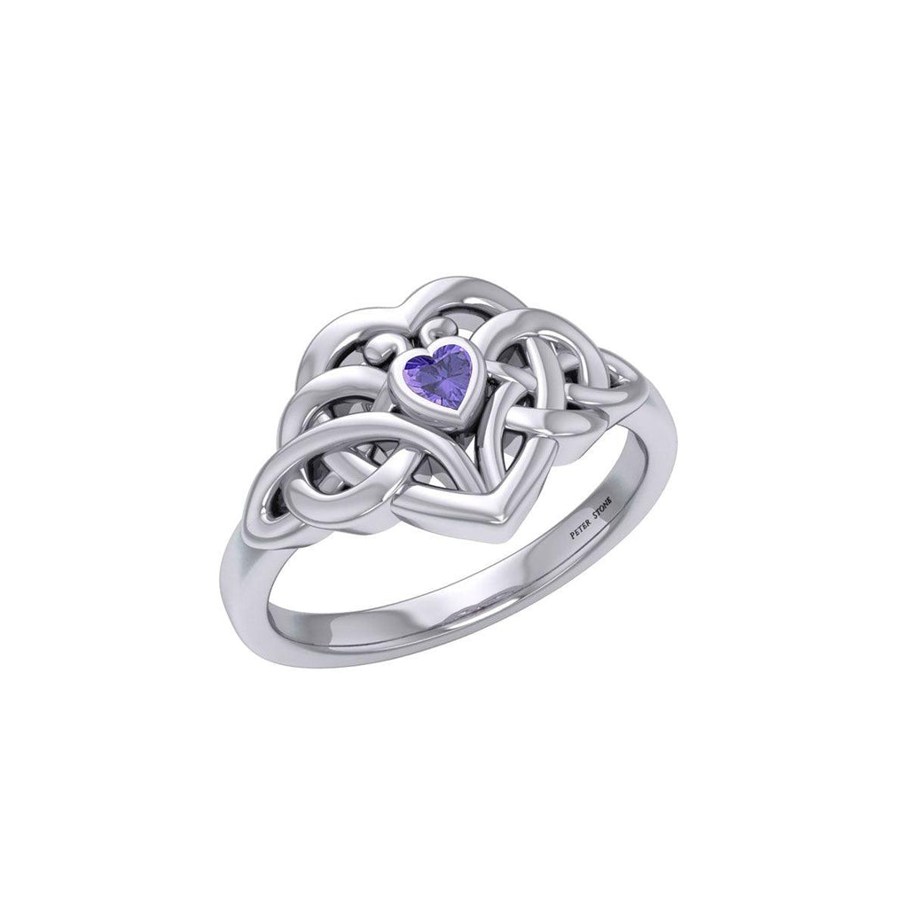 Celtic Knotwork Heart Sterling Silver Ring With Heart Gemstone TRI2362