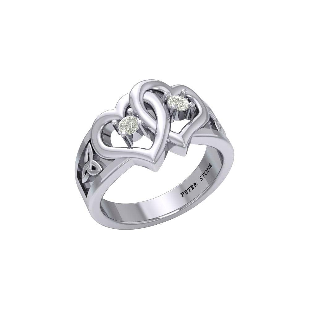 Celtic Double Heart And Trinity Sterling Silver Ring With Gemstone TRI2392