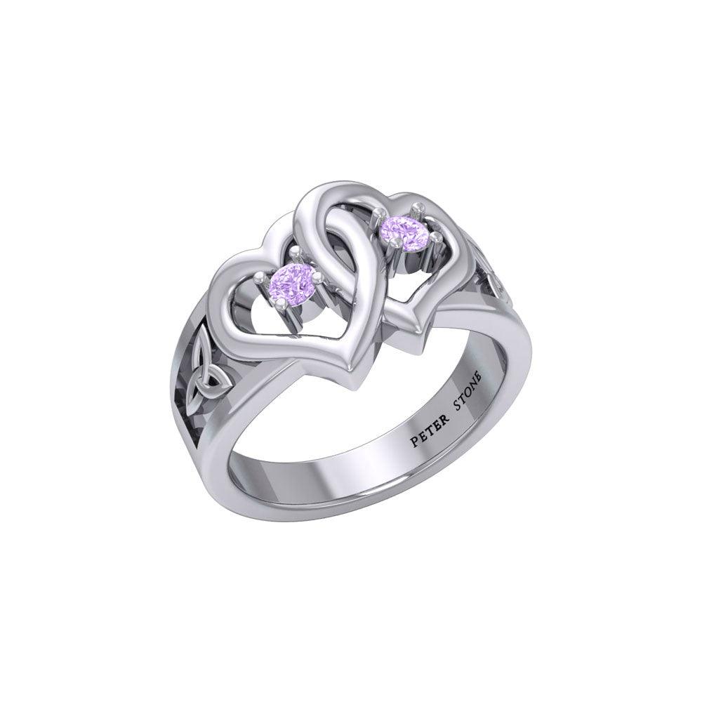 Celtic Double Heart And Trinity Sterling Silver Ring With Gemstone TRI2392