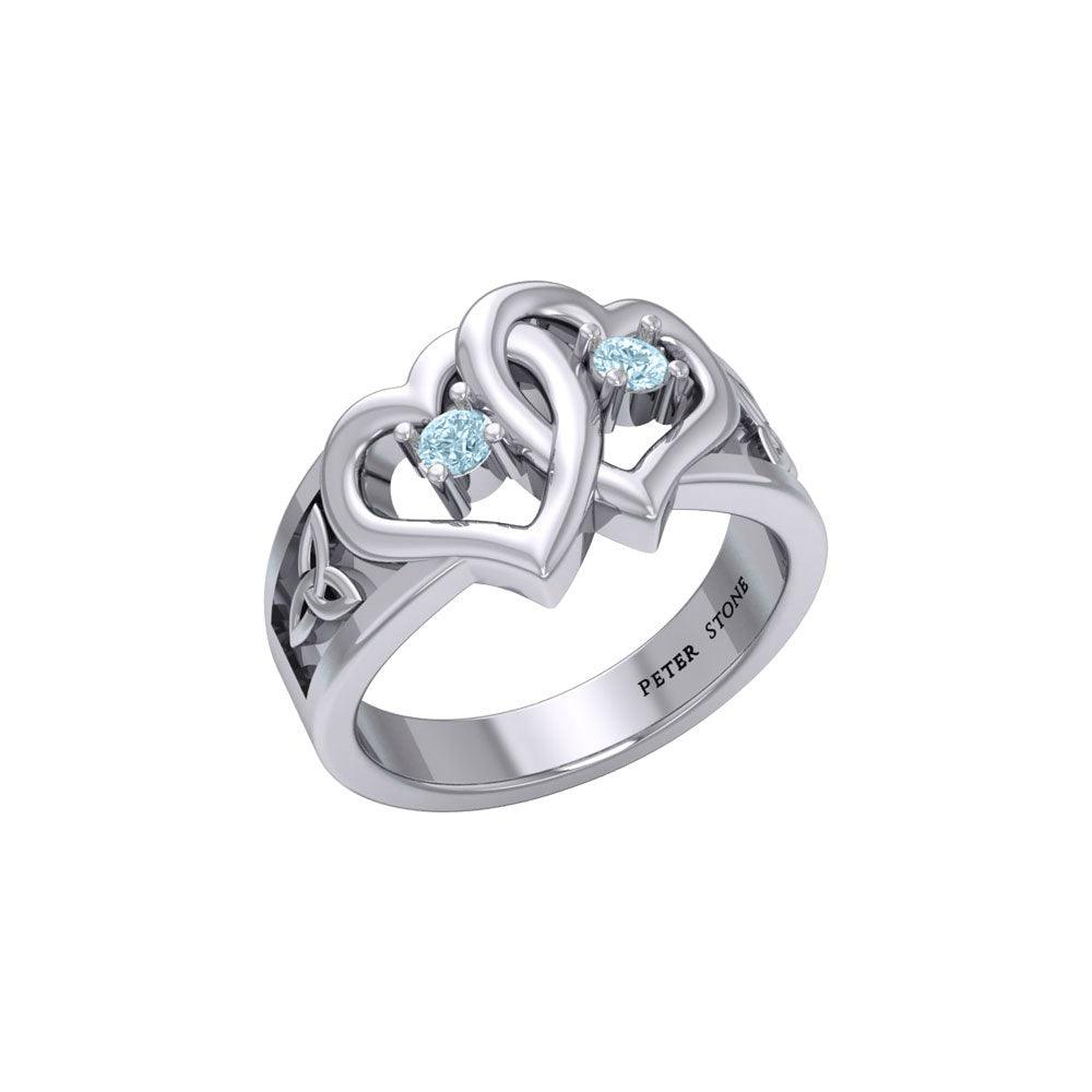 Celtic Double Heart And Trinity Sterling Silver Ring With Gemstone TRI2392