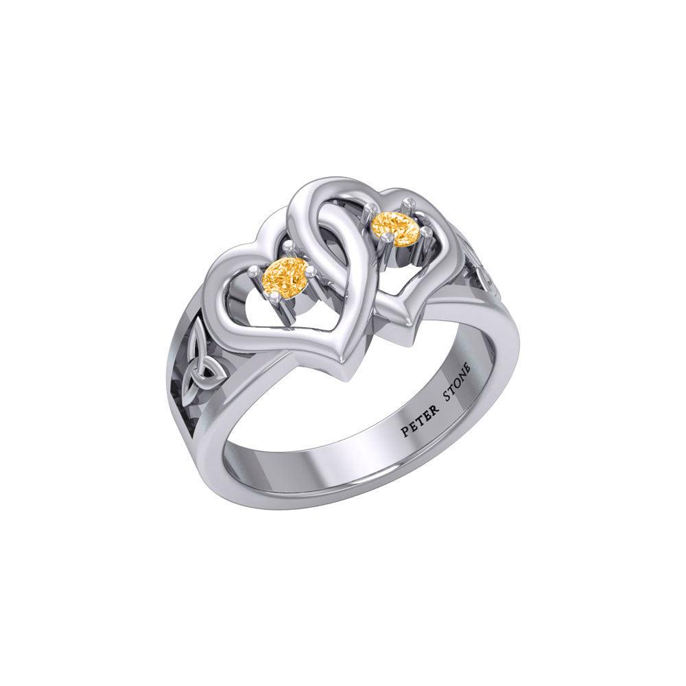 Celtic Double Heart And Trinity Sterling Silver Ring With Gemstone TRI2392