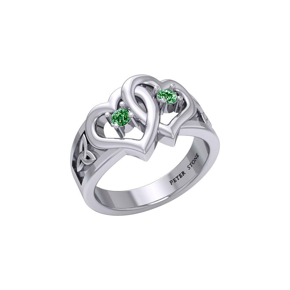 Celtic Double Heart And Trinity Sterling Silver Ring With Gemstone TRI2392