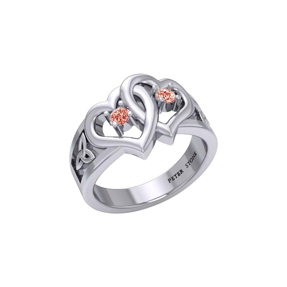 Celtic Double Heart And Trinity Sterling Silver Ring With Gemstone TRI2392