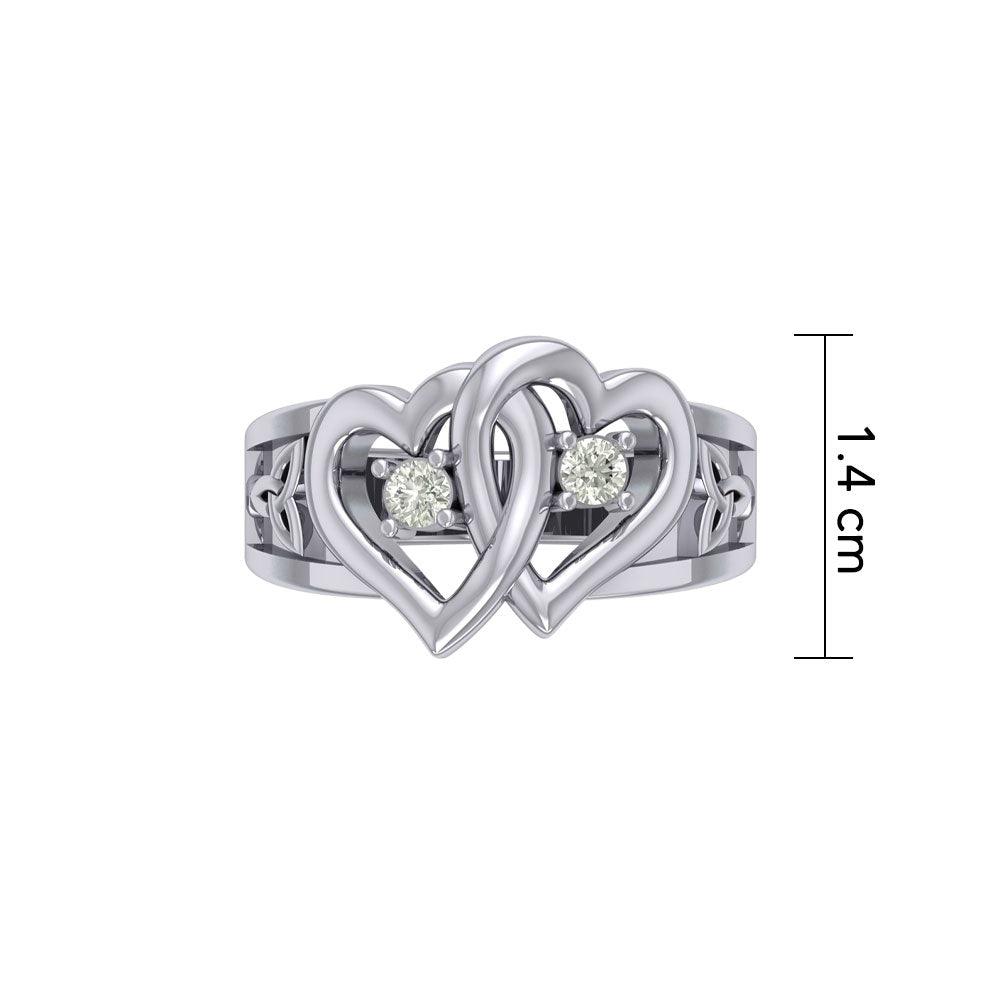 Celtic Double Heart And Trinity Sterling Silver Ring With Gemstone TRI2392