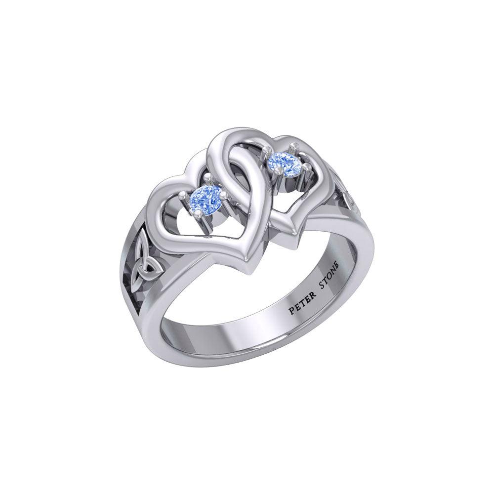 Celtic Double Heart And Trinity Sterling Silver Ring With Gemstone TRI2392
