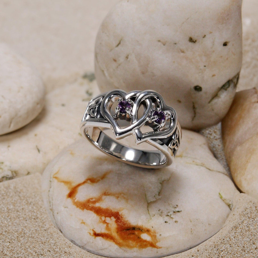 Celtic Double Heart And Trinity Sterling Silver Ring With Gemstone TRI2392