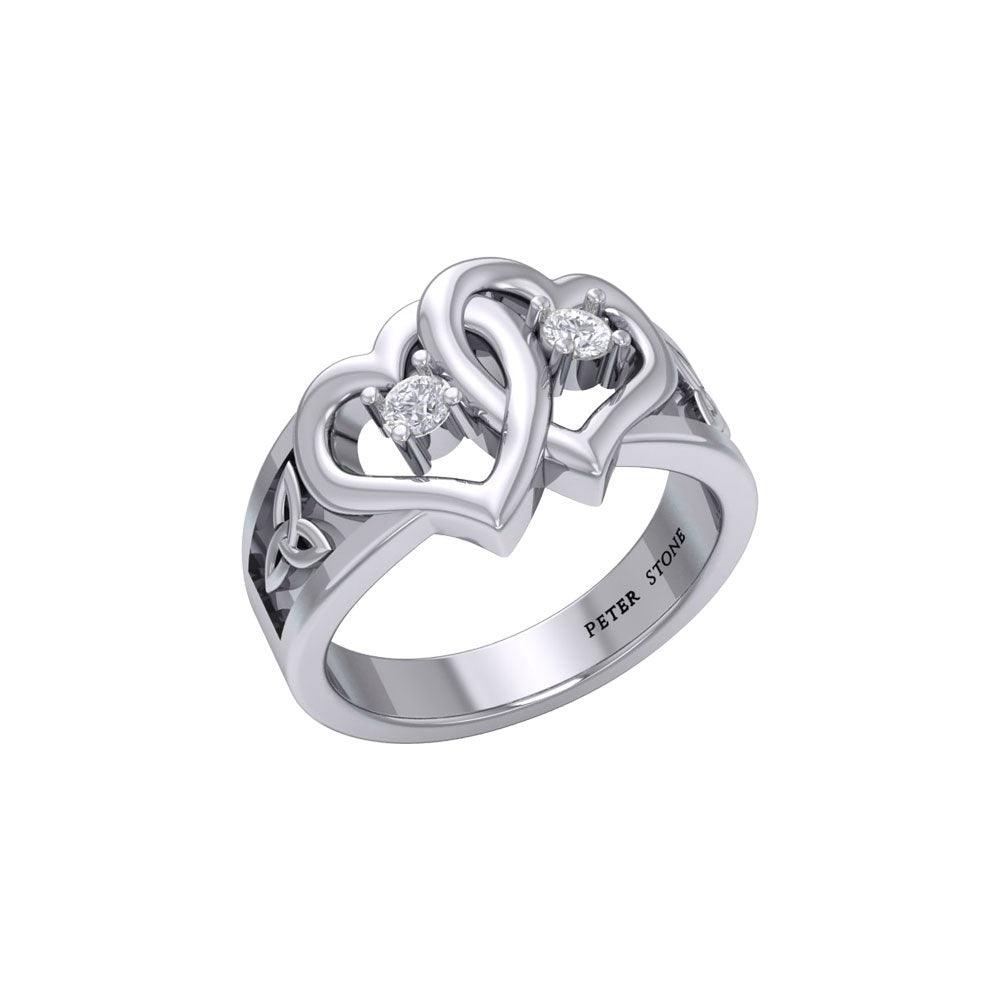 Celtic Double Heart And Trinity Sterling Silver Ring With Gemstone TRI2392