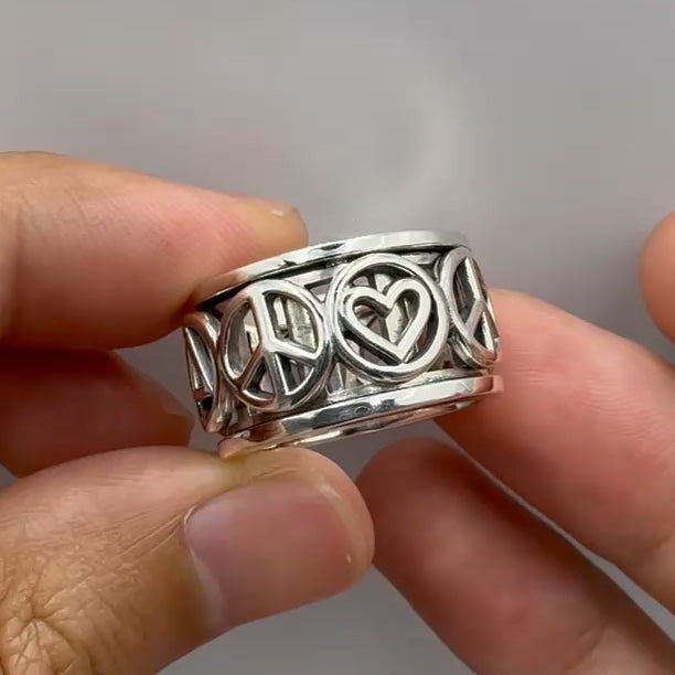 Love Peace Recovery Sterling Silver Spinner Ring TRI2401 Mindful Jewelry For Calming Daily Focus 925