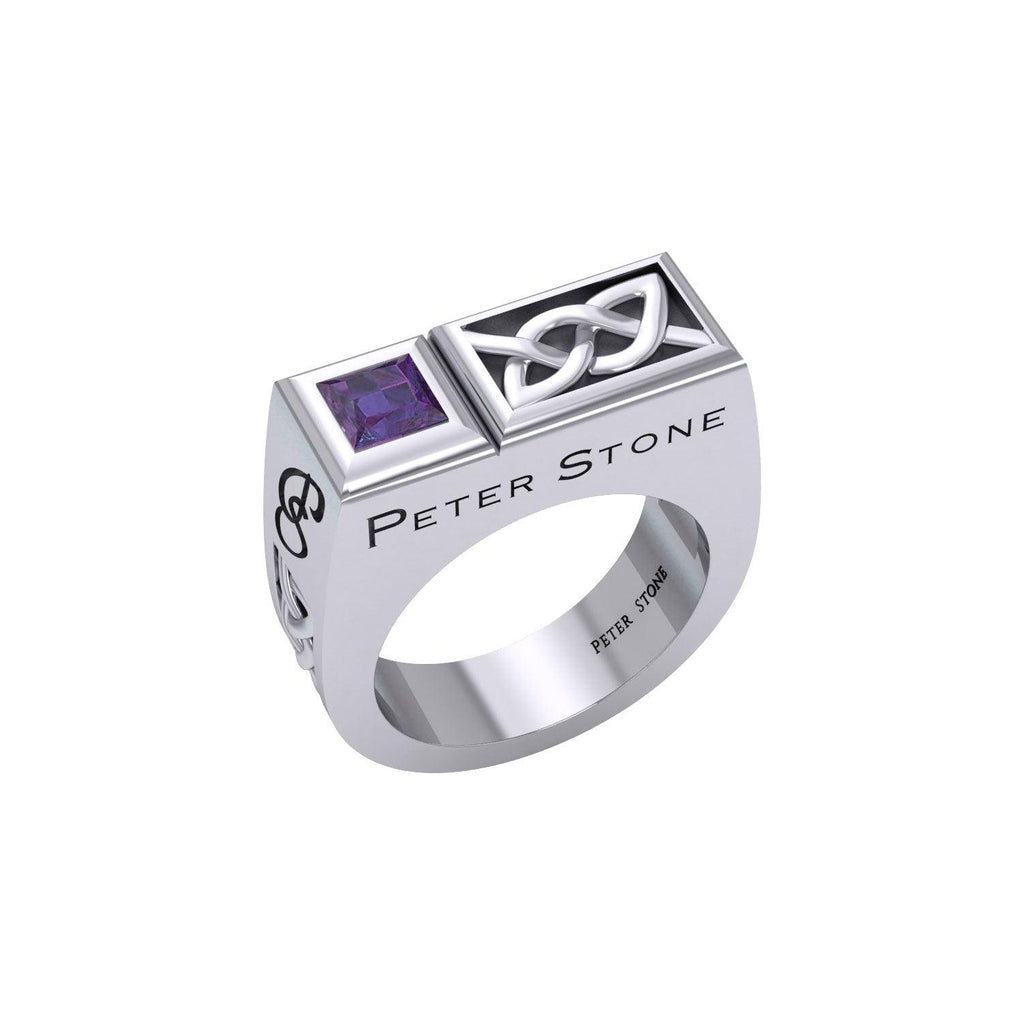 Peter Stone Rectangle Modern Sterling Silver Men Ring With Square Gemstone and Celtic Design TRI2414