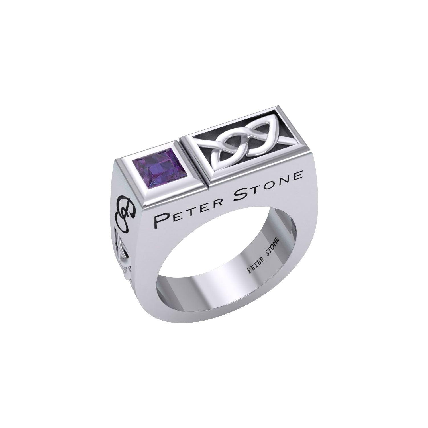 Peter Stone Rectangle Modern Sterling Silver Men Ring With Square Gemstone and Celtic Design TRI2414
