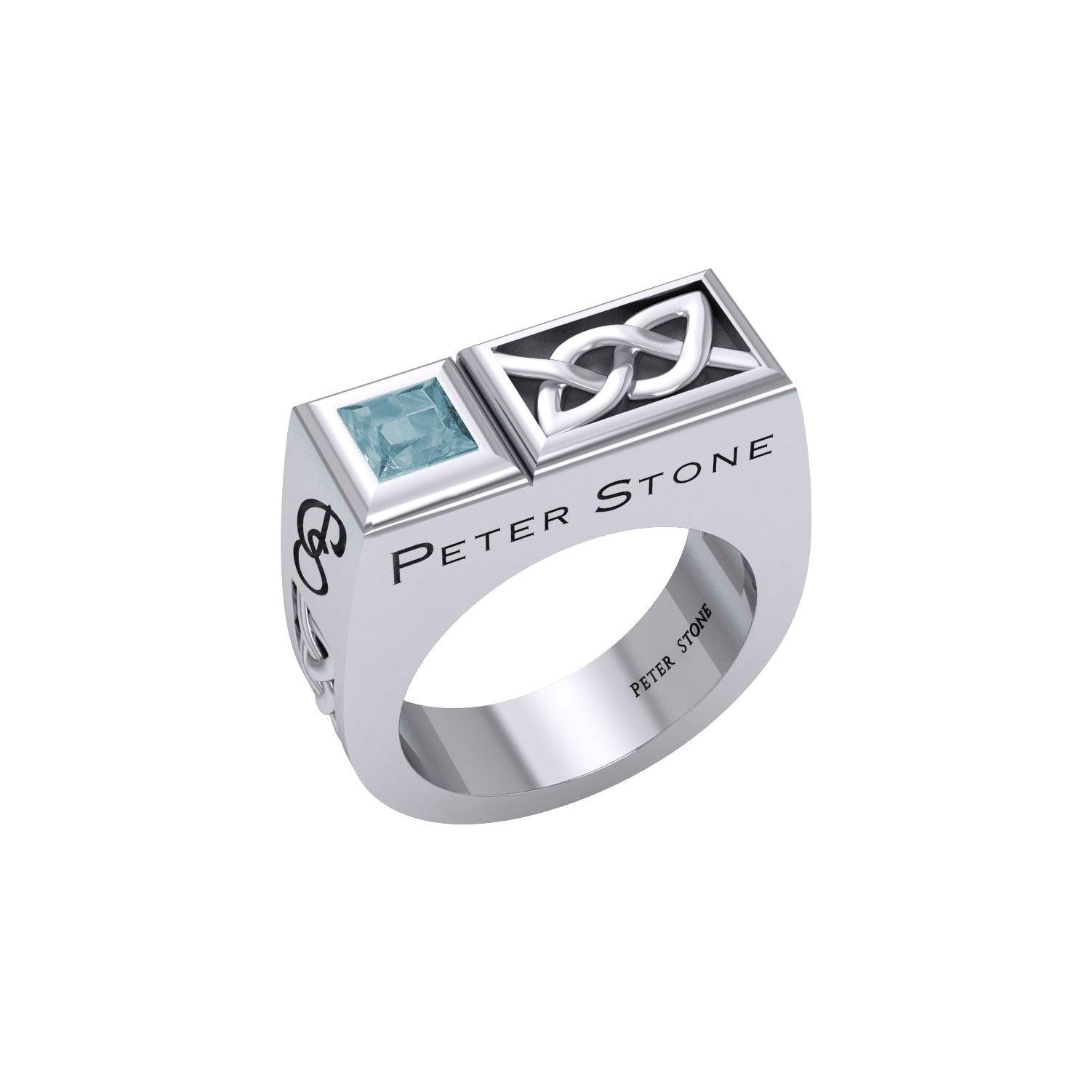 Peter Stone Rectangle Modern Sterling Silver Men Ring With Square Gemstone and Celtic Design TRI2414