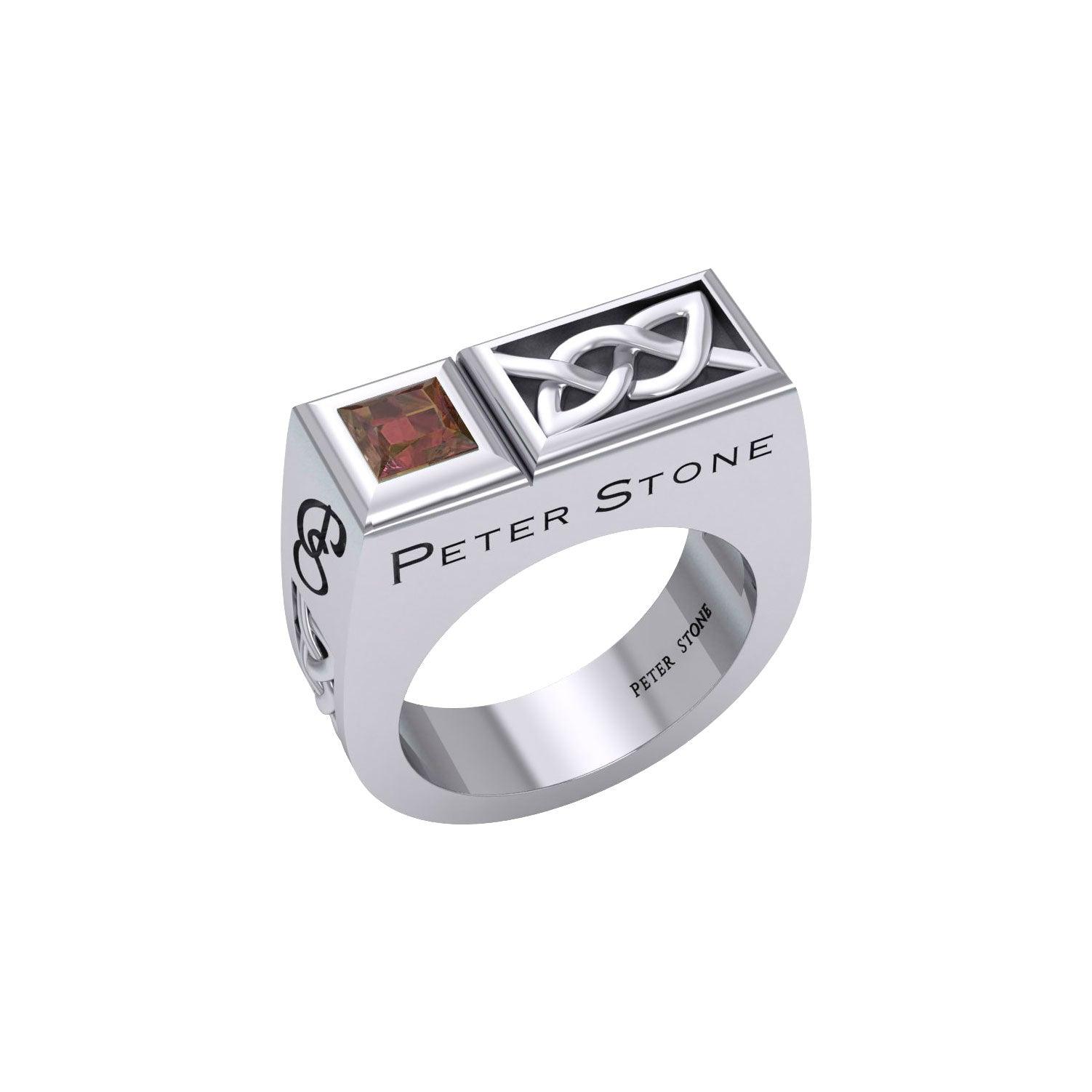 Peter Stone Rectangle Modern Sterling Silver Men Ring With Square Gemstone and Celtic Design TRI2414