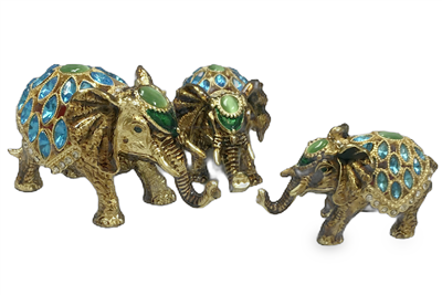 3 Gold elephant with Blue Rhine stones - Bejeweled Trinket Box - TRNK-5851.1 | GIFTS REGALOS | Wiccan Center