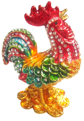 Multicolor Rooster Raised Feather - Bejeweled Trinket Box - TRNK-4967-Multi