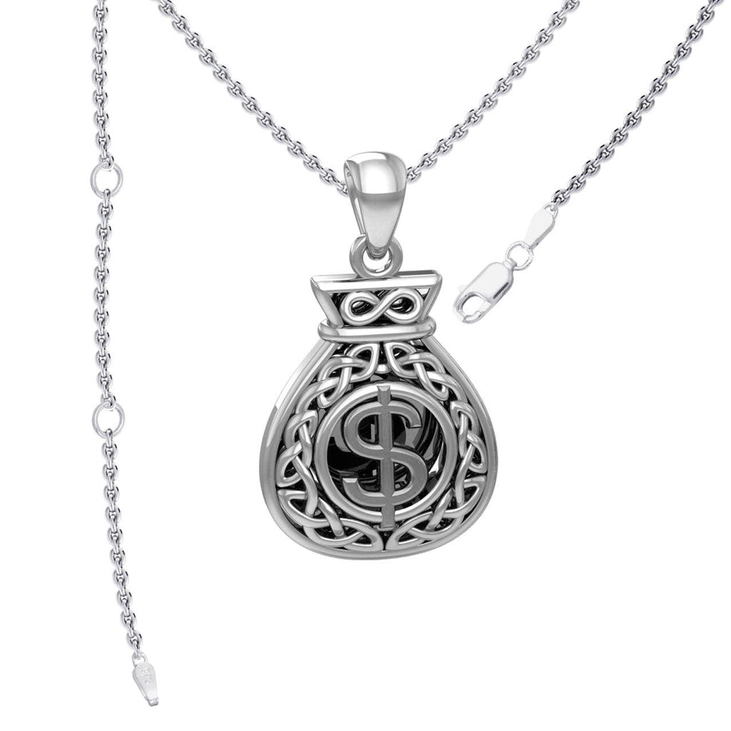 Celtic Infinity Money Bag with Wealth and Prosperity Bind Rune Sterling Silver Pendant TPD5962