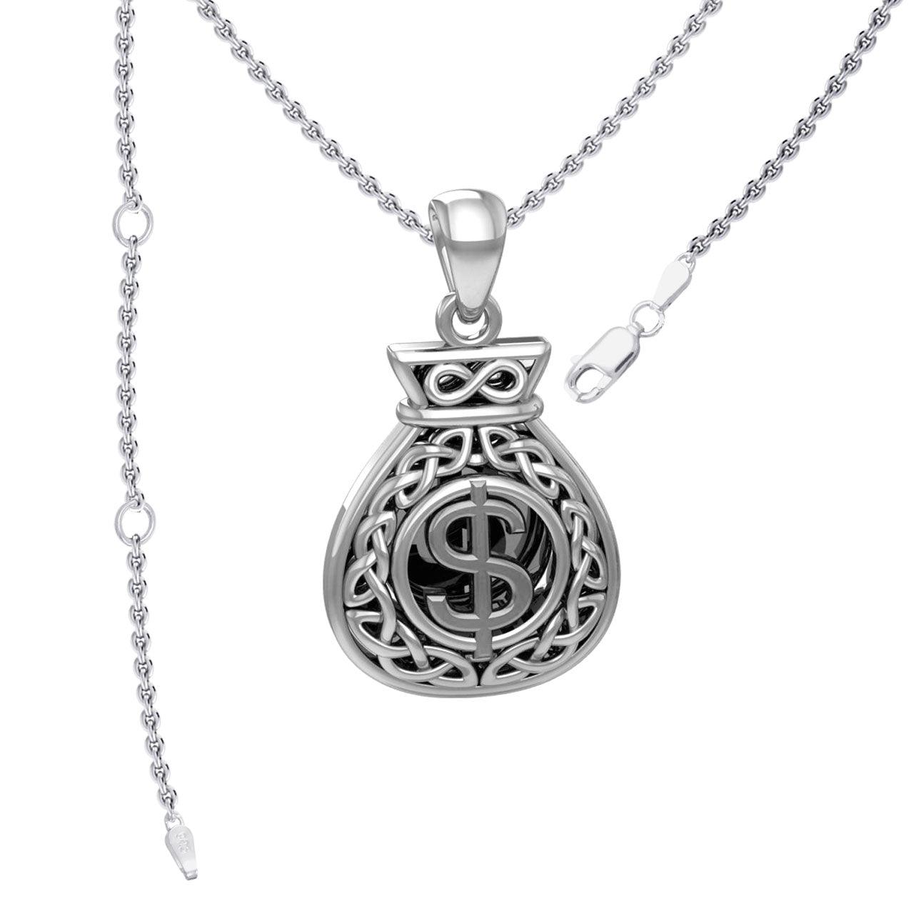 Celtic Infinity Money Bag with Wealth and Prosperity Bind Rune Sterling Silver Pendant TPD5962