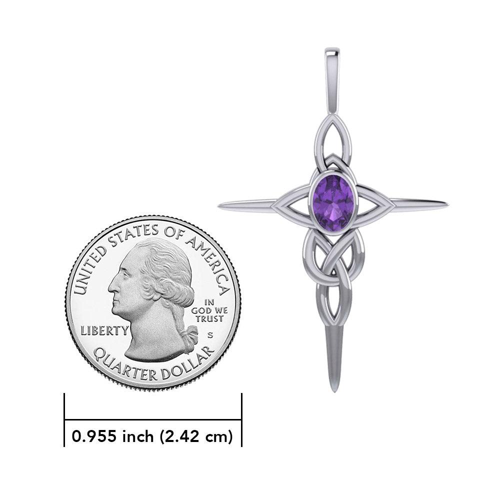 Celtic Knotwork Cross Sterling Silver Pendant with Gemstone and Chain Set TSE722