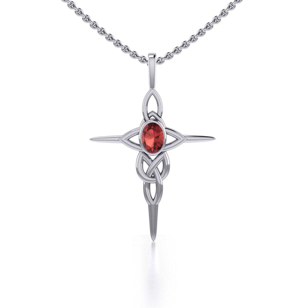 Celtic Knotwork Cross Sterling Silver Pendant with Gemstone and Chain Set TSE722