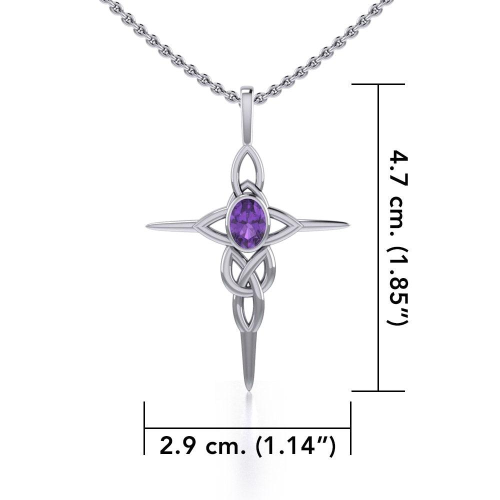 Celtic Knotwork Cross Sterling Silver Pendant with Gemstone and Chain Set TSE722