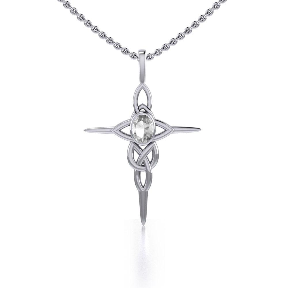 Celtic Knotwork Cross Sterling Silver Pendant with Gemstone and Chain Set TSE722