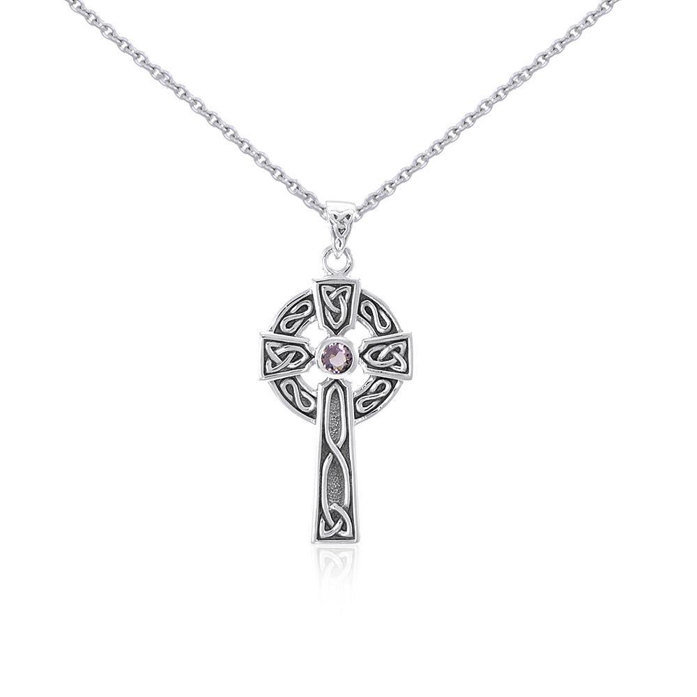 Large Silver Celtic Cross Gemstone Pendant and Chain Set TSE752