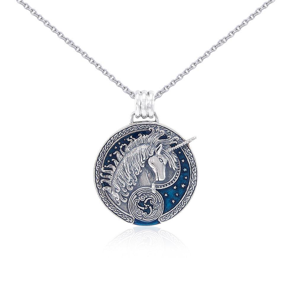Celtic Unicorn  Sterling Silver Pendant with Enamel and Chain Set by Courtney Davis TSE769