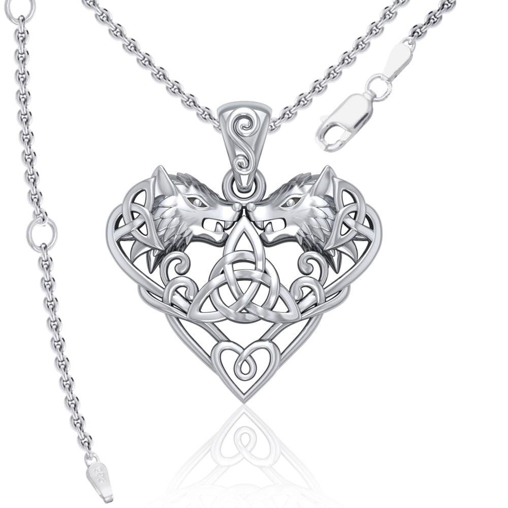 Wolves with Celtic Triquetra in Heart Sterling Silver Pendant TPD5212