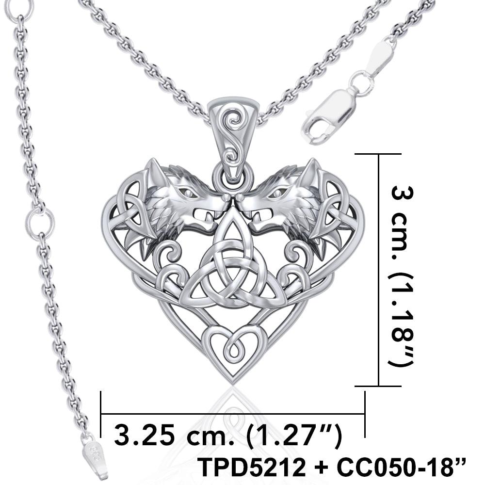 Wolves with Celtic Triquetra in Heart Sterling Silver Pendant TPD5212