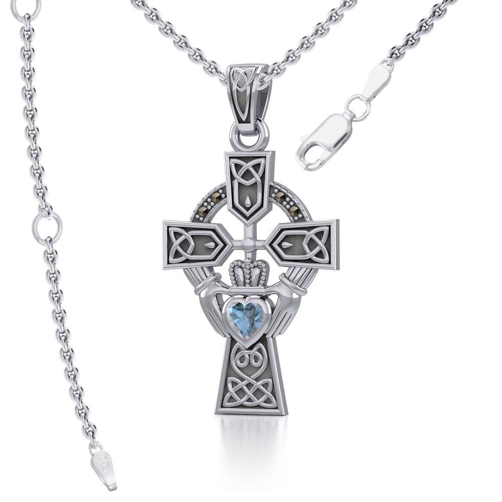 Celtic Cross and Irish Claddagh Sterling Silver Pendant with Heart Gemstone TPD5340