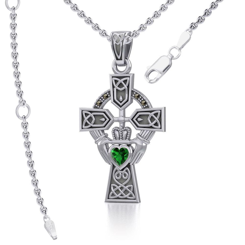 Celtic Cross and Irish Claddagh Sterling Silver Pendant with Heart Gemstone TPD5340