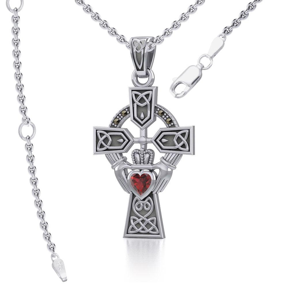 Celtic Cross and Irish Claddagh Sterling Silver Pendant with Heart Gemstone TPD5340