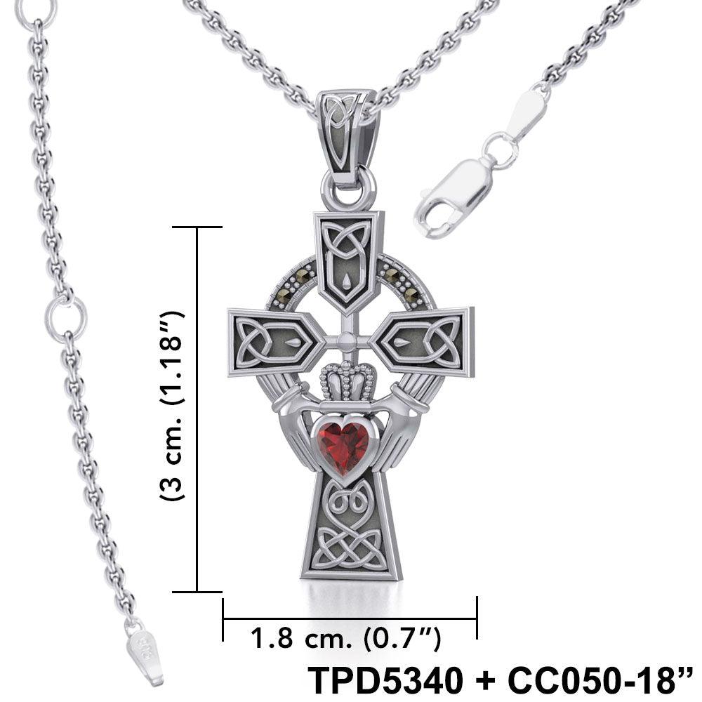 Celtic Cross and Irish Claddagh Sterling Silver Pendant with Heart Gemstone TPD5340