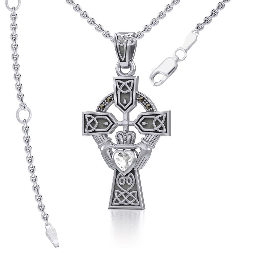 Celtic Cross and Irish Claddagh Sterling Silver Pendant with Heart Gemstone TPD5340