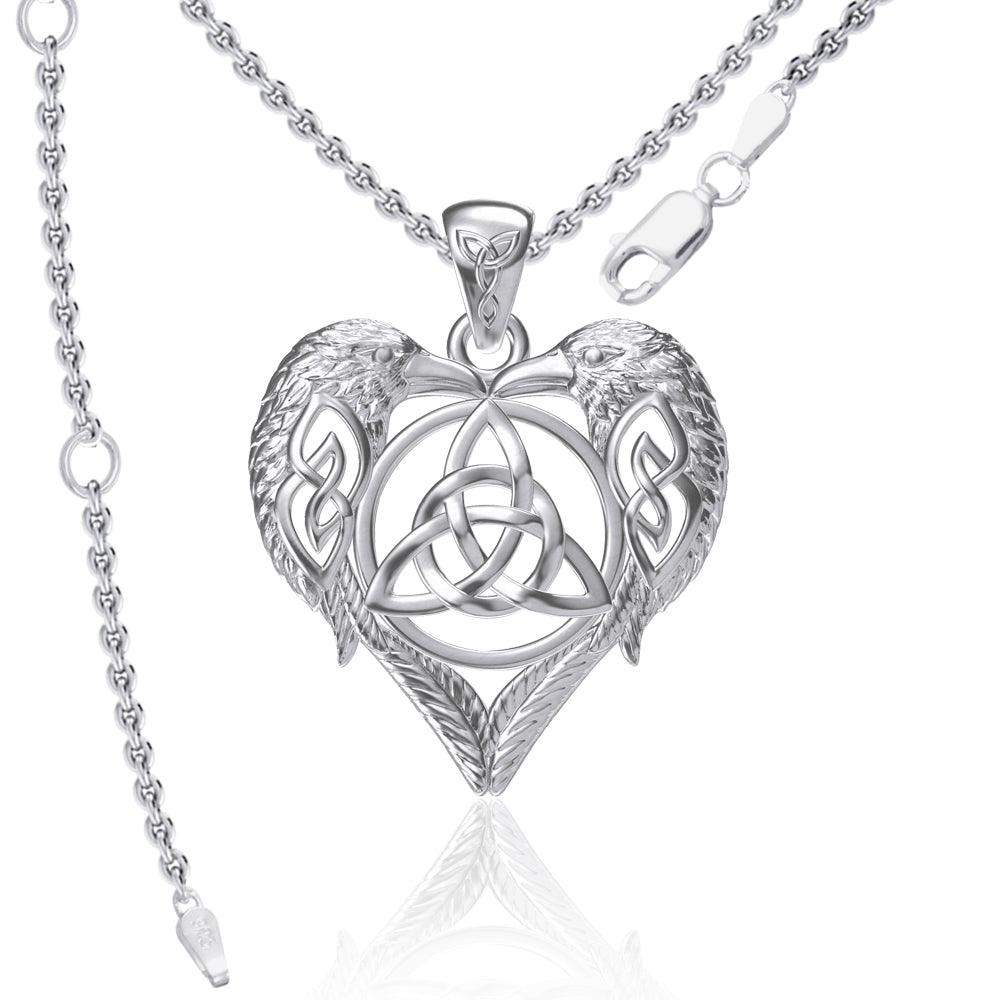Ravens Crows with Celtic Triquetra in Heart Sterling Silver Pendant TPD5213