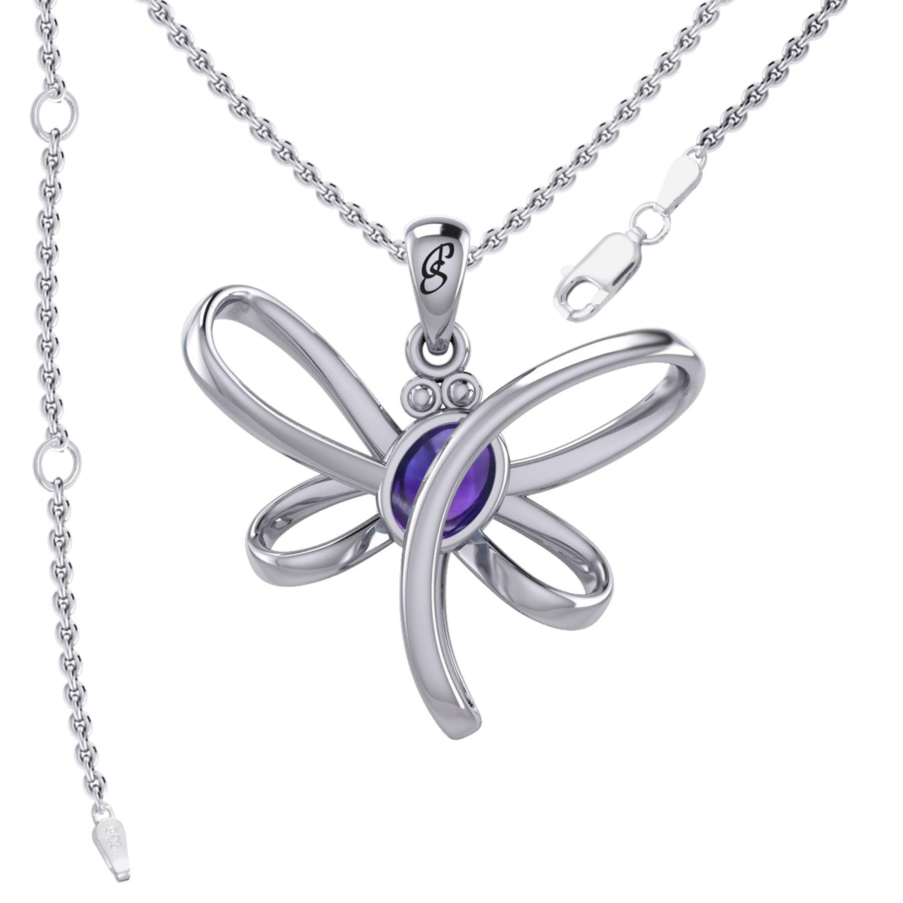 Serenity Soars: Eternal Dragonfly Sterling Silver Pendant with Oval Gemstone Connection by Peter Stone Jewelry - Inspiring Your Journey to Success TPD6212