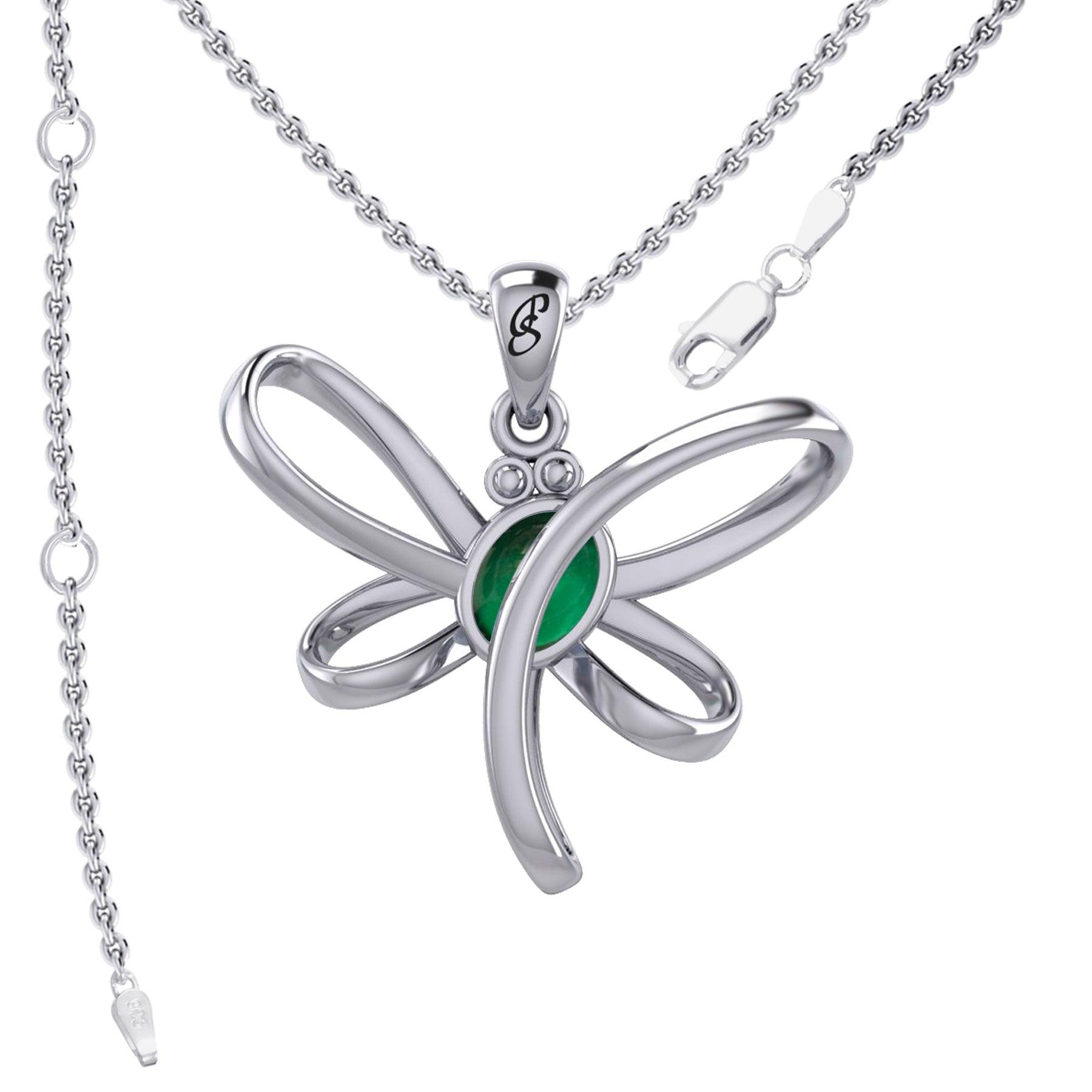 Serenity Soars: Eternal Dragonfly Sterling Silver Pendant with Oval Gemstone Connection by Peter Stone Jewelry - Inspiring Your Journey to Success TPD6212